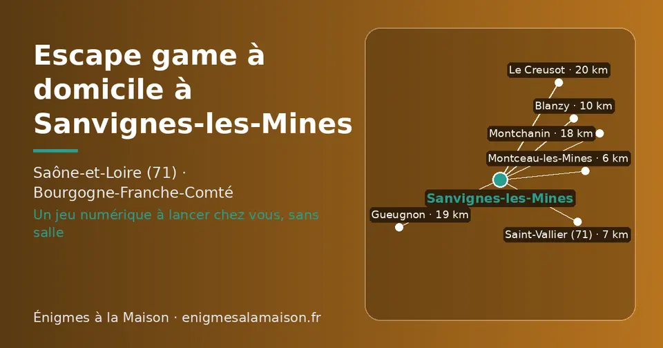 Carte schématique : Sanvignes-les-Mines et les communes voisines présentées sur ce site (Montceau-les-Mines, Saint-Vallier (71), Blanzy, Montchanin, Gueugnon, Le Creusot)