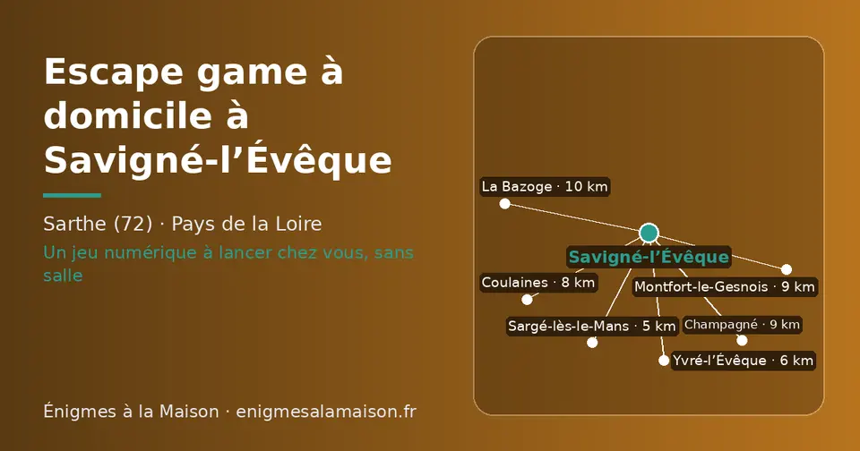 Carte schématique : Savigné-l’Évêque et les communes voisines présentées sur ce site (Sargé-lès-le-Mans, Yvré-l’Évêque, Coulaines, Champagné, Montfort-le-Gesnois, La Bazoge)