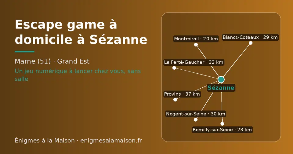 Carte schématique : Sézanne et les communes voisines présentées sur ce site (Montmirail, Romilly-sur-Seine, Blancs-Coteaux, Nogent-sur-Seine, La Ferté-Gaucher, Provins)
