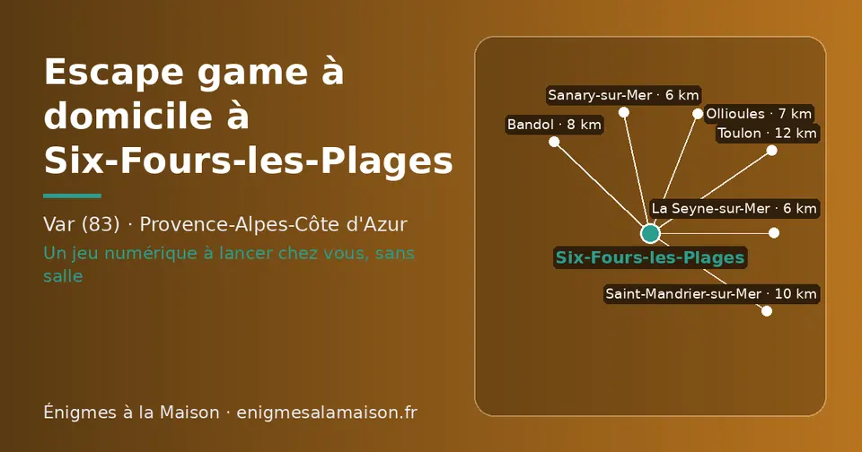 Carte schématique : Six-Fours-les-Plages et les communes voisines présentées sur ce site (La Seyne-sur-Mer, Sanary-sur-Mer, Ollioules, Bandol, Saint-Mandrier-sur-Mer, Toulon)