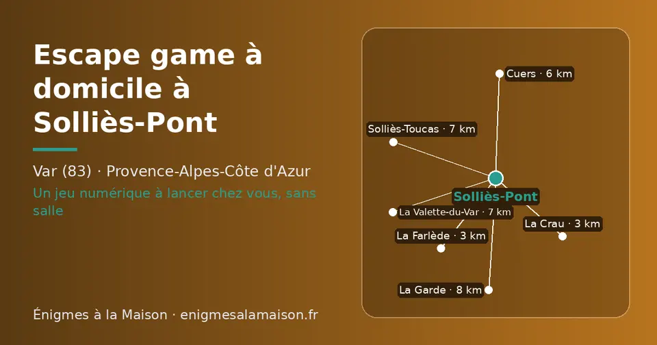 Carte schématique : Solliès-Pont et les communes voisines présentées sur ce site (La Crau, La Farlède, Cuers, Solliès-Toucas, La Valette-du-Var, La Garde)
