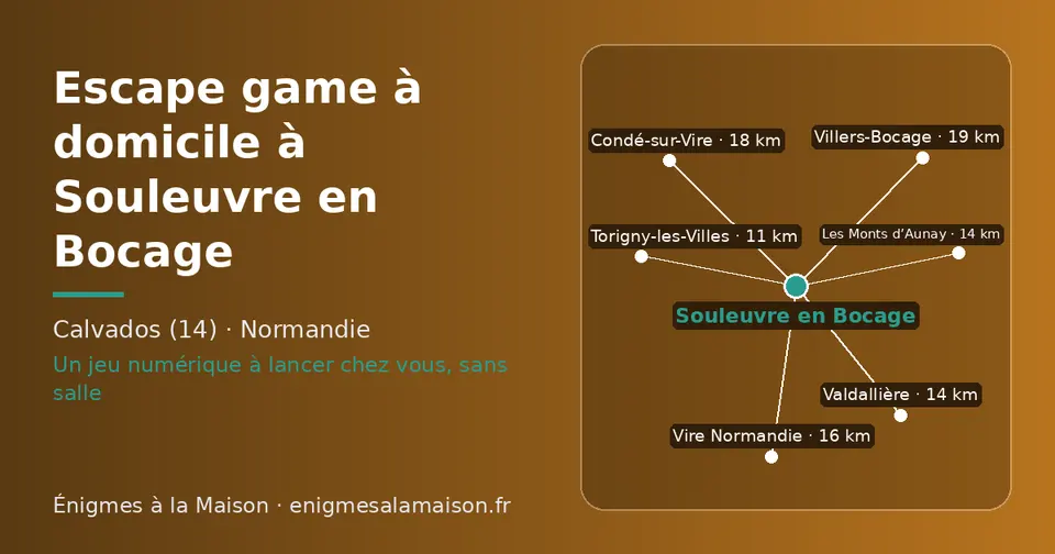 Carte schématique : Souleuvre en Bocage et les communes voisines présentées sur ce site (Torigny-les-Villes, Les Monts d’Aunay, Valdallière, Vire Normandie, Condé-sur-Vire, Villers-Bocage)