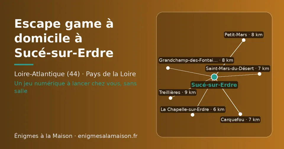 Carte schématique : Sucé-sur-Erdre et les communes voisines présentées sur ce site (La Chapelle-sur-Erdre, Saint-Mars-du-Désert, Carquefou, Grandchamp-des-Fontaines, Petit-Mars, Treillières)