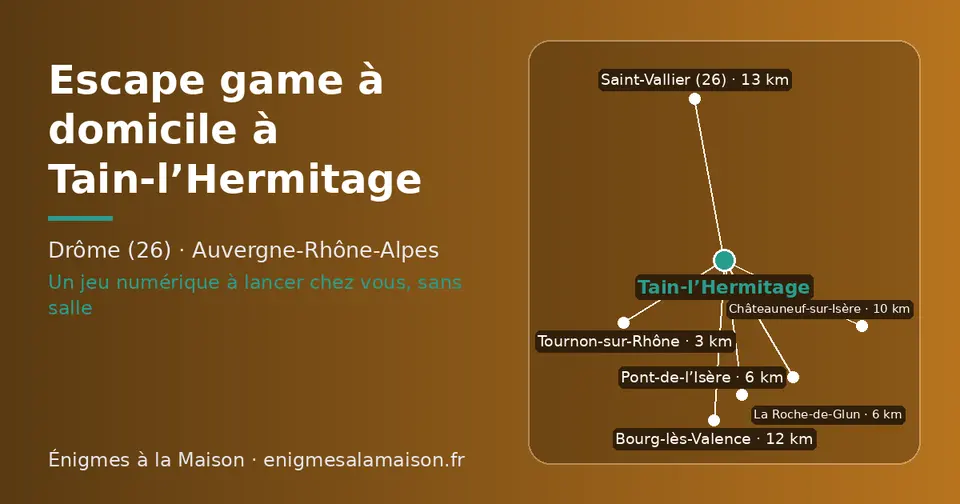 Carte schématique : Tain-l’Hermitage et les communes voisines présentées sur ce site (Tournon-sur-Rhône, Pont-de-l’Isère, La Roche-de-Glun, Châteauneuf-sur-Isère, Bourg-lès-Valence, Saint-Vallier (26))