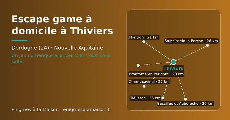 Carte schématique : Thiviers et les communes voisines présentées sur ce site (Brantôme en Périgord, Nontron, Saint-Yrieix-la-Perche, Trélissac, Champcevinel, Bassillac et Auberoche)