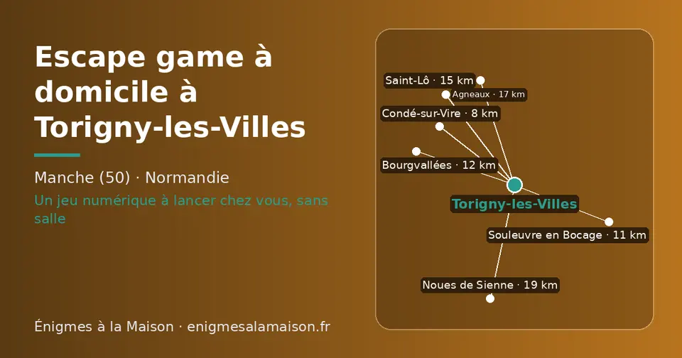 Carte schématique : Torigny-les-Villes et les communes voisines présentées sur ce site (Condé-sur-Vire, Souleuvre en Bocage, Bourgvallées, Saint-Lô, Agneaux, Noues de Sienne)