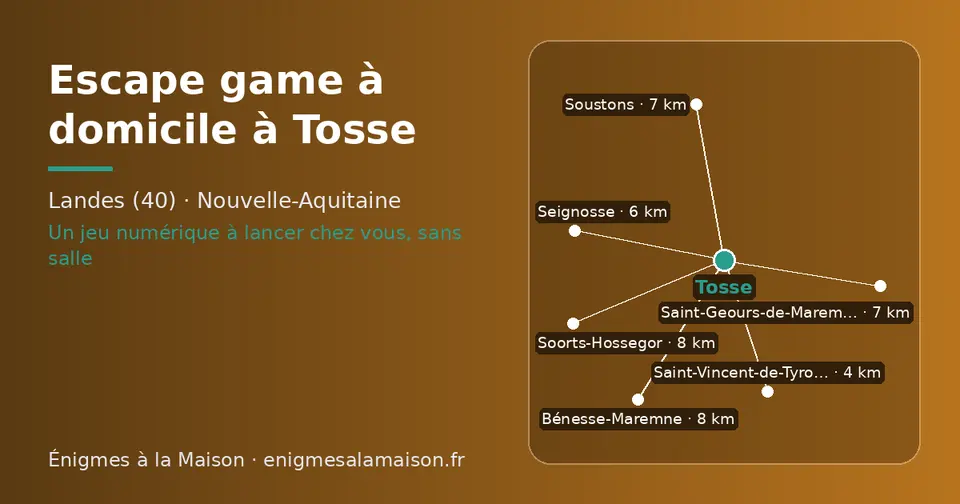 Carte schématique : Tosse et les communes voisines présentées sur ce site (Saint-Vincent-de-Tyrosse, Seignosse, Saint-Geours-de-Maremne, Soustons, Bénesse-Maremne, Soorts-Hossegor)