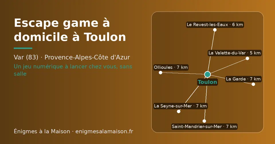 Carte schématique : Toulon et les communes voisines présentées sur ce site (La Valette-du-Var, Le Revest-les-Eaux, Ollioules, Saint-Mandrier-sur-Mer, La Garde, La Seyne-sur-Mer)