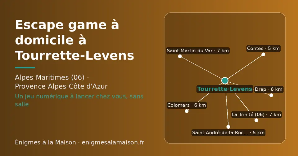 Carte schématique : Tourrette-Levens et les communes voisines présentées sur ce site (Saint-André-de-la-Roche, Contes, Colomars, Drap, Saint-Martin-du-Var, La Trinité (06))