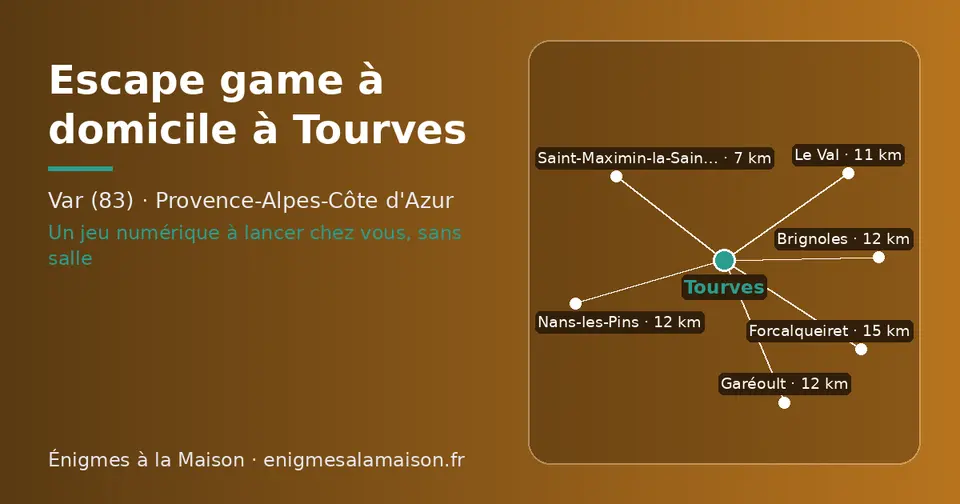 Carte schématique : Tourves et les communes voisines présentées sur ce site (Saint-Maximin-la-Sainte-Baume, Le Val, Nans-les-Pins, Garéoult, Brignoles, Forcalqueiret)