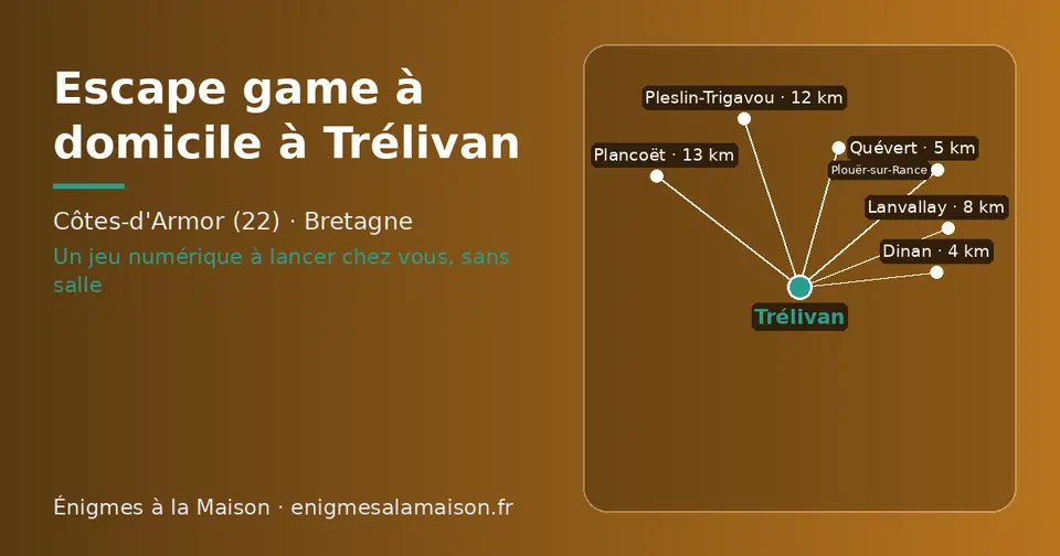 Carte schématique : Trélivan et les communes voisines présentées sur ce site (Dinan, Quévert, Lanvallay, Pleslin-Trigavou, Plouër-sur-Rance, Plancoët)