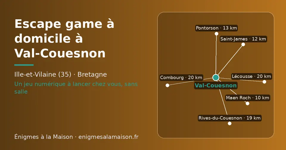 Carte schématique : Val-Couesnon et les communes voisines présentées sur ce site (Maen Roch, Saint-James, Pontorson, Rives-du-Couesnon, Combourg, Lécousse)