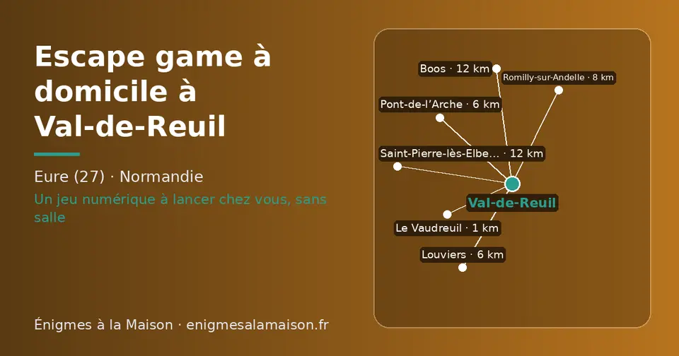 Carte schématique : Val-de-Reuil et les communes voisines présentées sur ce site (Le Vaudreuil, Pont-de-l’Arche, Louviers, Romilly-sur-Andelle, Saint-Pierre-lès-Elbeuf, Boos)