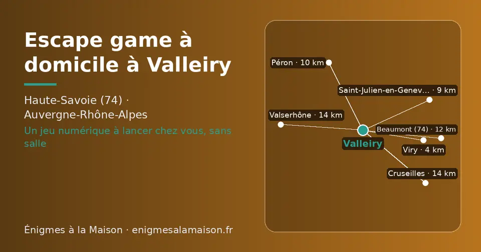 Carte schématique : Valleiry et les communes voisines présentées sur ce site (Viry, Saint-Julien-en-Genevois, Péron, Beaumont (74), Cruseilles, Valserhône)