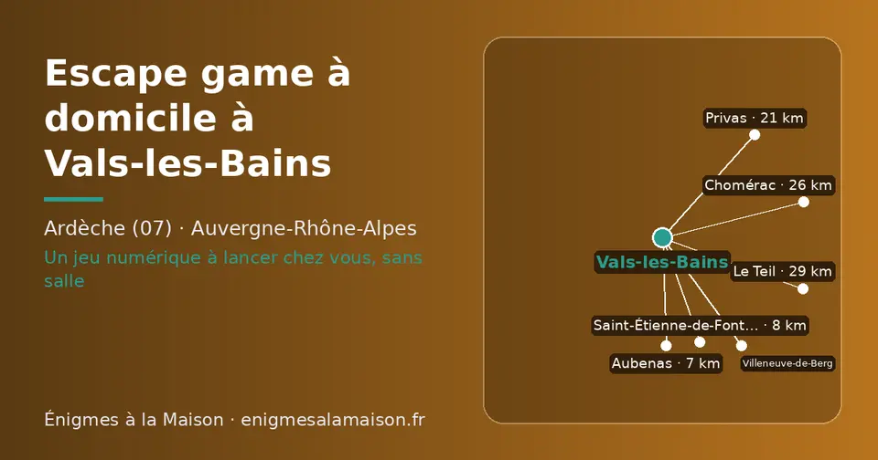 Carte schématique : Vals-les-Bains et les communes voisines présentées sur ce site (Aubenas, Saint-Étienne-de-Fontbellon, Villeneuve-de-Berg, Privas, Chomérac, Le Teil)