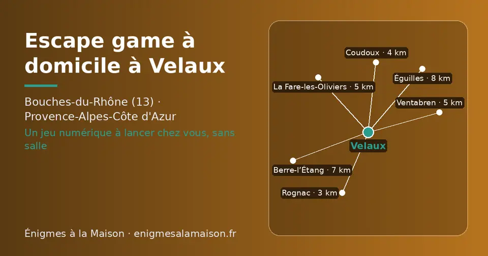 Carte schématique : Velaux et les communes voisines présentées sur ce site (Rognac, Coudoux, La Fare-les-Oliviers, Ventabren, Berre-l’Étang, Éguilles)