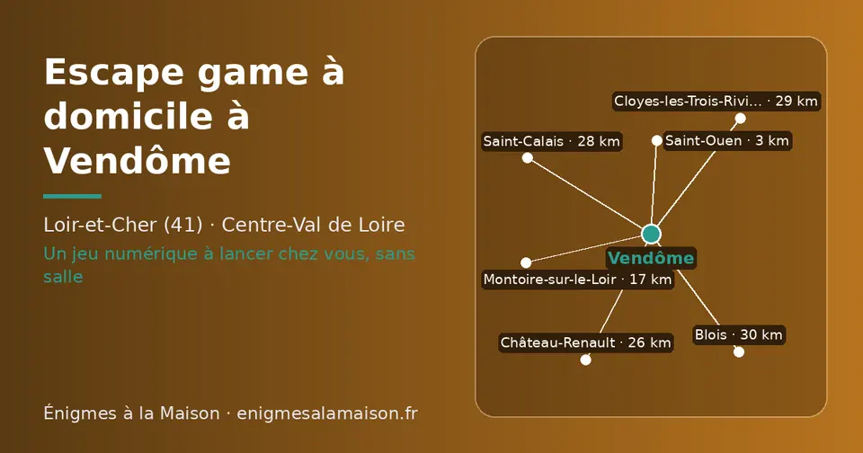 Carte schématique : Vendôme et les communes voisines présentées sur ce site (Saint-Ouen, Montoire-sur-le-Loir, Château-Renault, Saint-Calais, Cloyes-les-Trois-Rivières, Blois)