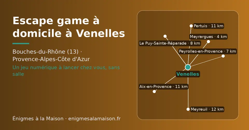 Carte schématique : Venelles et les communes voisines présentées sur ce site (Meyrargues, Peyrolles-en-Provence, Le Puy-Sainte-Réparade, Aix-en-Provence, Pertuis, Meyreuil)