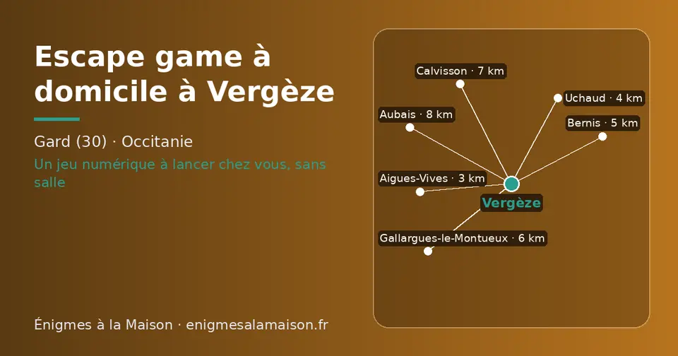Carte schématique : Vergèze et les communes voisines présentées sur ce site (Aigues-Vives, Uchaud, Bernis, Gallargues-le-Montueux, Calvisson, Aubais)
