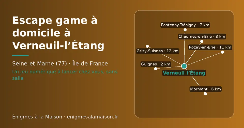Carte schématique : Verneuil-l’Étang et les communes voisines présentées sur ce site (Guignes, Chaumes-en-Brie, Mormant, Fontenay-Trésigny, Rozay-en-Brie, Grisy-Suisnes)