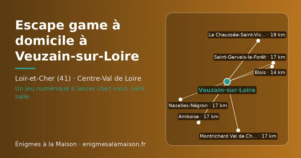 Carte schématique : Veuzain-sur-Loire et les communes voisines présentées sur ce site (Blois, Amboise, Saint-Gervais-la-Forêt, Montrichard Val de Cher, Nazelles-Négron, La Chaussée-Saint-Victor)
