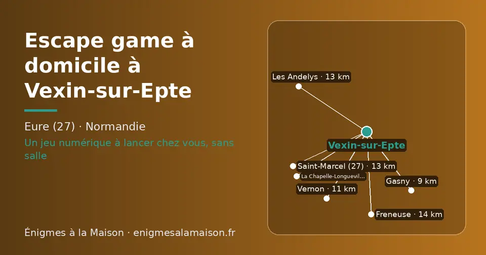 Carte schématique : Vexin-sur-Epte et les communes voisines présentées sur ce site (Gasny, Vernon, Les Andelys, Saint-Marcel (27), La Chapelle-Longueville, Freneuse)