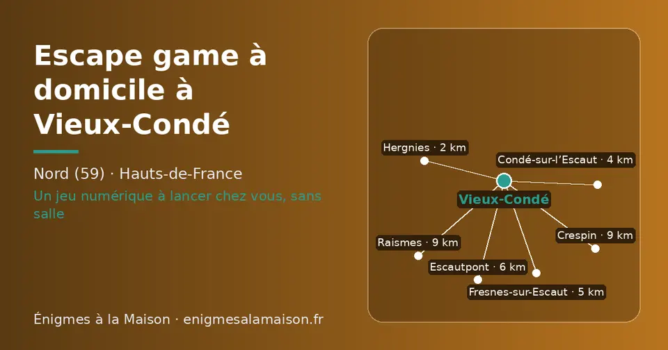 Carte schématique : Vieux-Condé et les communes voisines présentées sur ce site (Hergnies, Condé-sur-l’Escaut, Fresnes-sur-Escaut, Escautpont, Raismes, Crespin)