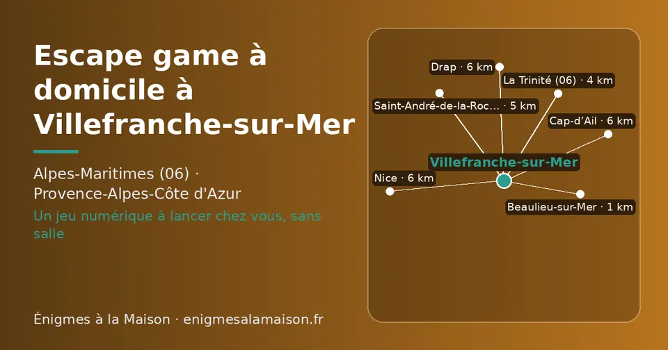 Carte schématique : Villefranche-sur-Mer et les communes voisines présentées sur ce site (Beaulieu-sur-Mer, La Trinité (06), Saint-André-de-la-Roche, Drap, Nice, Cap-d’Ail)