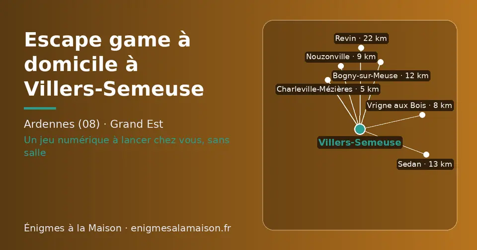 Carte schématique : Villers-Semeuse et les communes voisines présentées sur ce site (Charleville-Mézières, Vrigne aux Bois, Nouzonville, Bogny-sur-Meuse, Sedan, Revin)