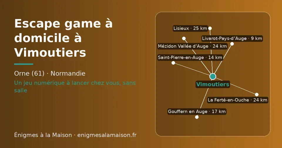 Carte schématique : Vimoutiers et les communes voisines présentées sur ce site (Livarot-Pays-d’Auge, Saint-Pierre-en-Auge, Gouffern en Auge, Mézidon Vallée d’Auge, La Ferté-en-Ouche, Lisieux)