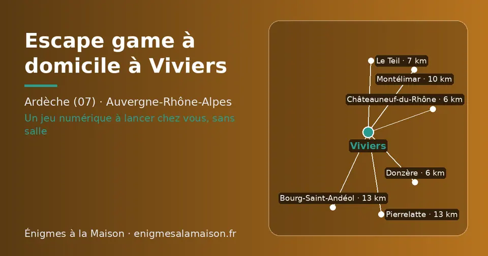 Carte schématique : Viviers et les communes voisines présentées sur ce site (Châteauneuf-du-Rhône, Donzère, Le Teil, Montélimar, Bourg-Saint-Andéol, Pierrelatte)