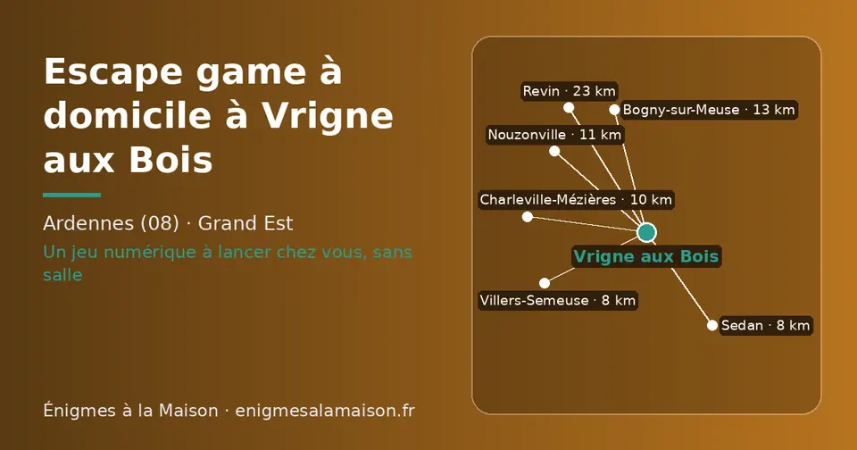 Carte schématique : Vrigne aux Bois et les communes voisines présentées sur ce site (Sedan, Villers-Semeuse, Charleville-Mézières, Nouzonville, Bogny-sur-Meuse, Revin)